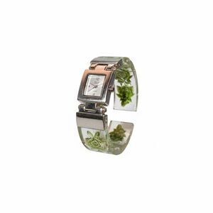 Lucite Vintage Square Silver Watch with Green Floral Band